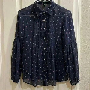 LAUREN RALPH LAUREN 100% Silk Blouse Top Button Down Small Pattern Sz M Navy